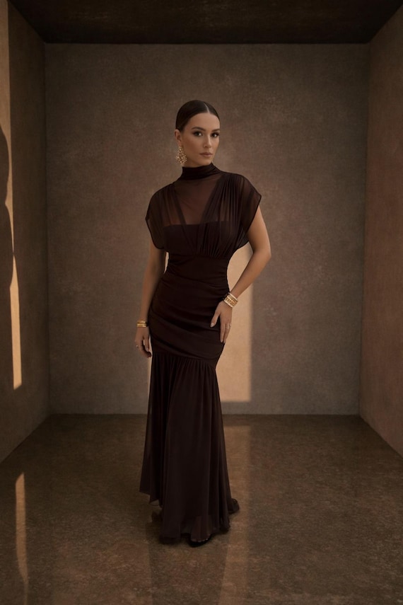 Deep Chocolate Brown Sheer Mesh Maxi Dress With Draped Waist - Etsy Canada