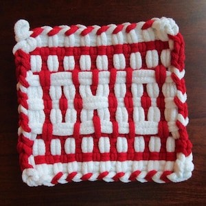 Handmade Potholder: OHIO Trivet, Red and White Woven Cotton Loops, Housewarming Gift, 5.5"