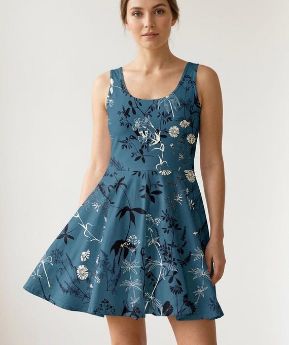 casual skater dress outfit Cotton for Women, Flowy Summer Dress, Fit and Flare Outfit, Daywear, Cottagecore Fashion, Floral Aesthetic, Gift for Her ruffle origami dress night out Dusty Rose Floral Hand Floral dress Color:Pink A.