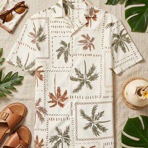 May include: Off-white short-sleeve shirt with a palm tree pattern in brown and green. The shirt has a button-down front and a collared neckline. Sunglasses and sandals are also visible.