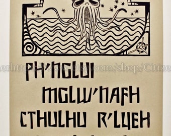 Call of Cthulhu 12.5x19 Broadside lino-cut letter press print wood type hand carved Lovecraft book nerd geekery religion Old Gods Vandercook