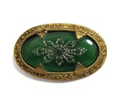 Antique Collar Pin Brooch - etched green glass brass - 1-5 8 quot
