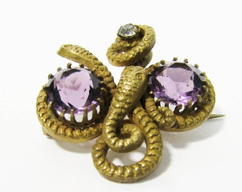 Victorian Snakes Pin - faux amethyst and crystal gems - Rare antique Brooch