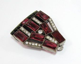 French 1930s-40s Geometric Dress Clip - Ruby and Clear Stones on silver tone metal