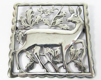 Sterling Deer Brooch - Vintage Sterling Silver brooch - deer & flora pin - 2-3/8" square - 1910-20s