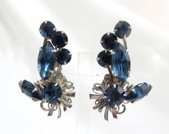 Vintage Blue Rhinestone Clip Earrings in Silver tone metal  - 1950s - 1.5"