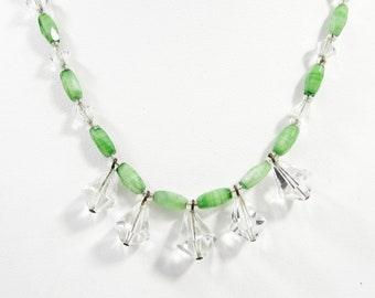 Green Slag Glass & Crystal Drop Necklace - Art Deco Czech necklace - choker necklace - 16"