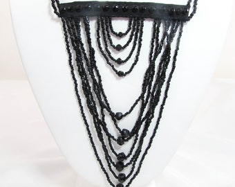Deco glass dangling nedklace - Black Glass Bead Necklace - glass looped necklace -  screw barrel clasp