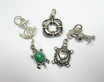 Nautical Sterling Silver Charms Lot - Nautical theme charms -  Turtles boat ankle and saver, Amish buggy