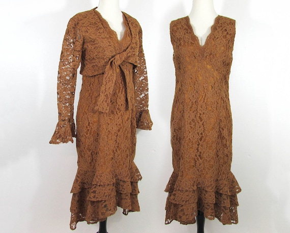 Brown Lace Sheath Dress with bolero jacket - Asymm