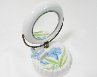 Vintage Small trinket tray with mirror - blue iris and butterfly decor 4.5 x 3