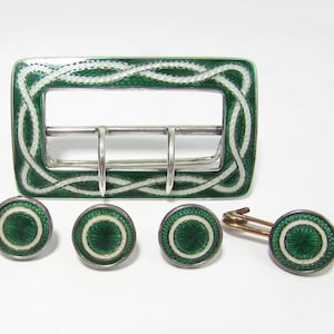 Antique Sterling Silver Guilloche Enamel Buckle Set - WEP Co 1911 English