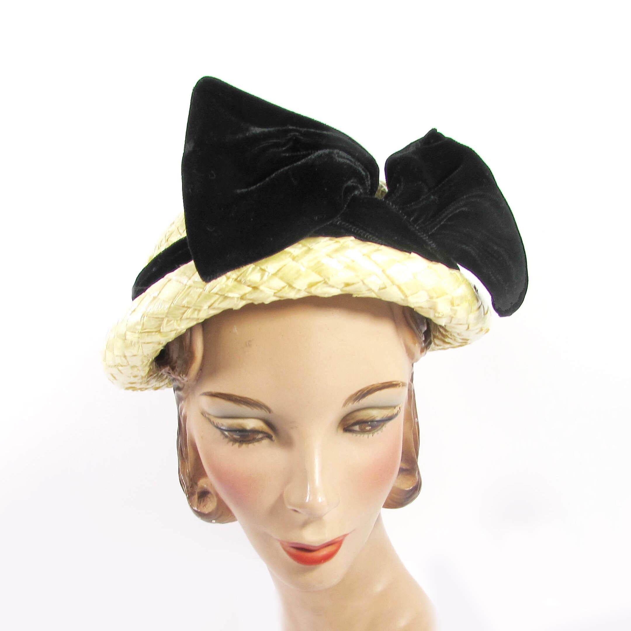Vintage 50s Straw Hat - Stylish Bonnet With Large Black 