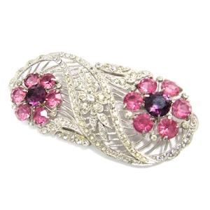 Art Deco Filigree Silvertone Brooch with Pink Rhinestone Flowers - 2.75&quot;
