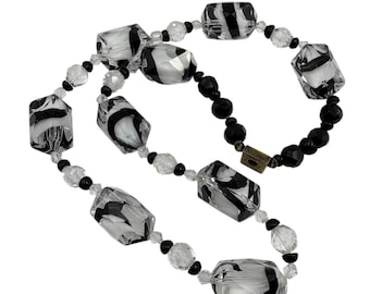 Art Deco Czech Black & White Art Glass Beaded Necklace | 1920s–1930s
