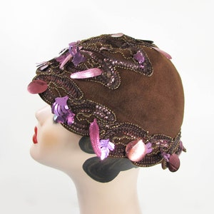 1960s cloche hat John Frederics Charmer Brown felt, beads, sequins, charm fun mod hat image 3