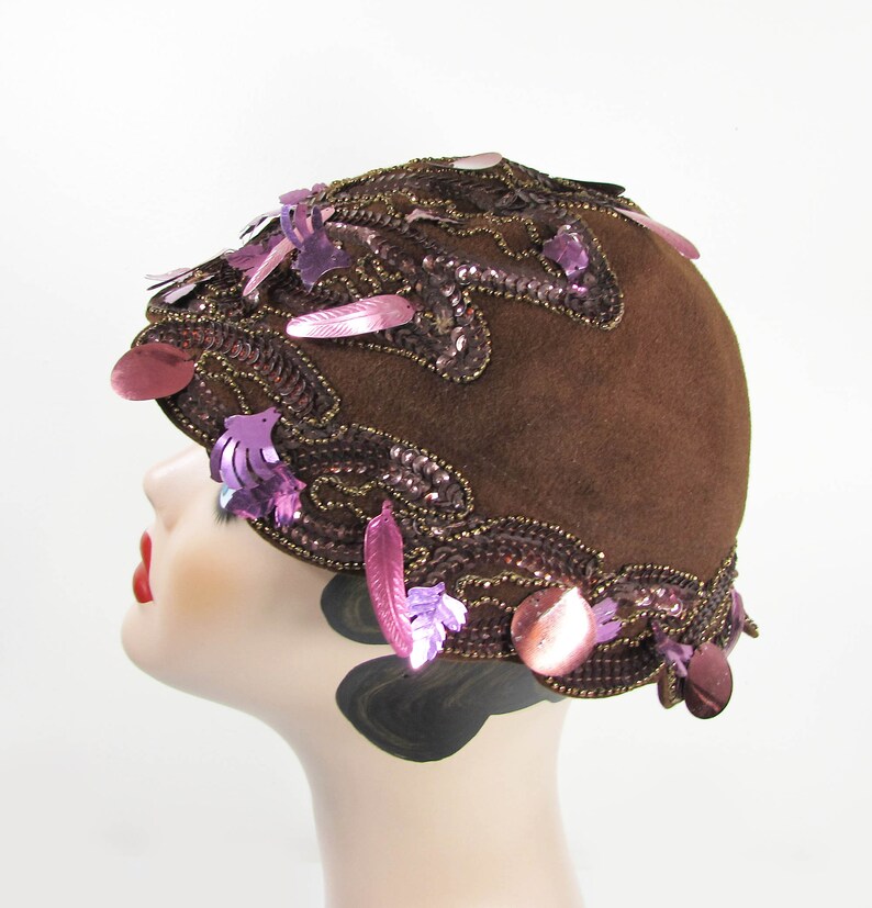 1960s cloche hat John Frederics Charmer Brown felt, beads, sequins, charm fun mod hat image 3