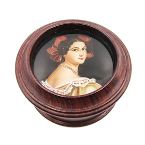 English Treen Snuff Box with hand painted portrait - 1800s