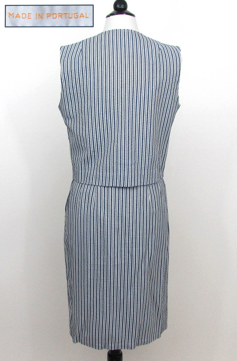 S-M Vintage 60s Vest and slim skirt Set Blue /& White Seersucker Made in Portugal