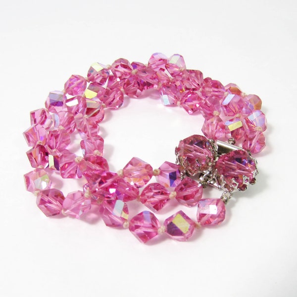 Pink Crystal Bracelet - Vintage 3 strand bracelet - Vintage glass bead bracelet