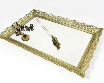 Filigree vanity tray  - jewelry tray - Vintage Brass Filigree Edge Vanity Tray 15x10 - Bedroom, Bathroom, Entryway Tray