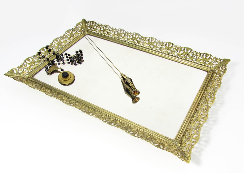 Filigree vanity tray jewelry tray Vintage Brass Filigree Edge Vanity Tray 15x10 Bedroom, Bathroom, Entryway Tray image 1