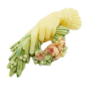 Celluloid Hand Brooch with bouquet - Antique Mourning Brooch