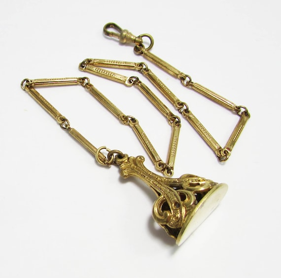 Gold filled Watch Fob - Gold Watch Chain - Antiqu… - image 5