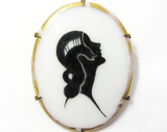 Art Deco Lady Silhouette Porcelain Brooch - Vintage Porcelain Brooch - Oval Deco brooch