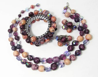 Vogue Purple Jewelry Parure - Vintage Vogue Crystal Set - Purple Necklace Bracelet and Clip Earrings Parure - 1950s-60s