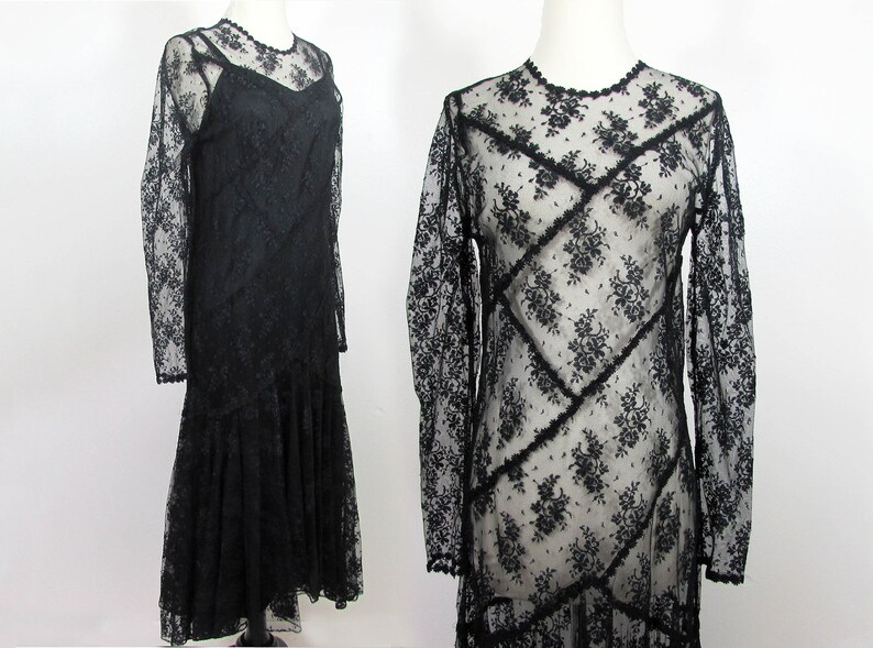 Patra Black Lace Midi Dress with slip Uneven hem on flared | Etsy