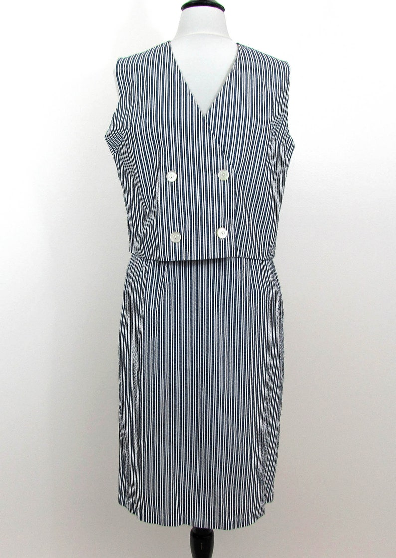 S-M Vintage 60s Vest and slim skirt Set Blue /& White Seersucker Made in Portugal