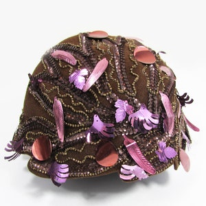 1960s cloche hat John Frederics Charmer Brown felt, beads, sequins, charm fun mod hat image 6