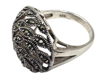 Anello vintage a cupola in argento sterling con marcasite, taglia 7, stile Art Déco