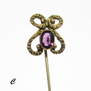 Antique Art Nouveau Lapel Pin  - Gold Gilt with Amethyst Color Glass Stone