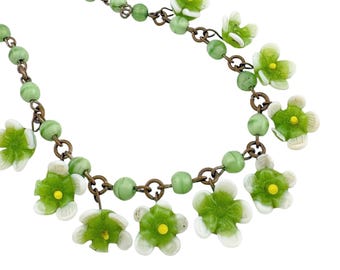 Vintage Tsjechische glazen bloemketting groen witte art-deco messing ketting