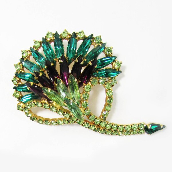 Thistle Brooch - Thistle Pin - Vintage navette rhinestone Brooch - Green & Purple Crystal Rhinesstone Pin - 3"