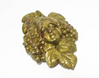 Vintage High Relief Face in Grapevine Dress Clip - 3x2 - Art Deco