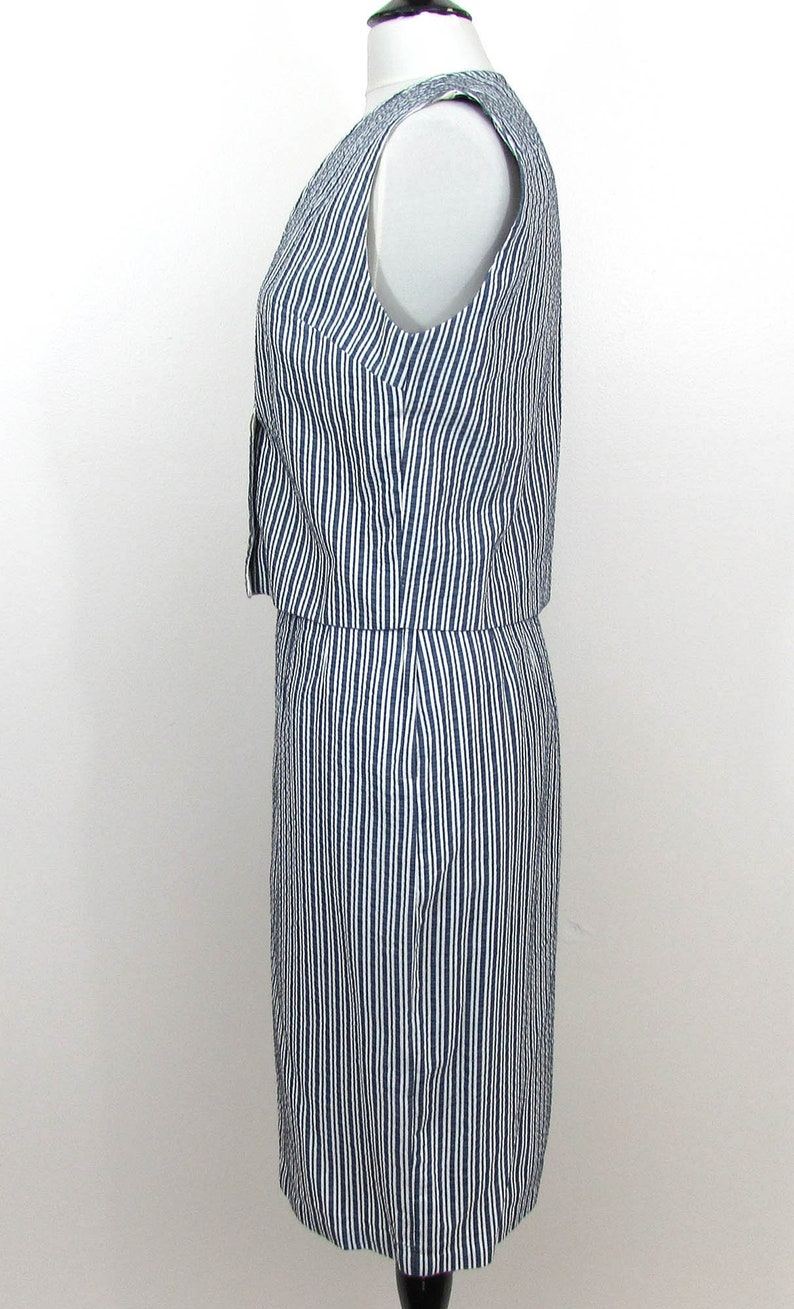 S-M Vintage 60s Vest and slim skirt Set Blue /& White Seersucker Made in Portugal