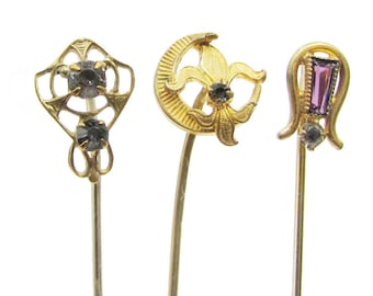 Antique Stick Pins Set of 3 | Victorian Gold Tone Paste Jewelry