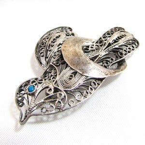 Antique Sterling Silver Filigree Dove Brooch - Turquoise Accent