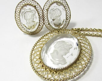 Vintage Whiting & Davis - Whiting Davis Intaglio Pendant - Whiting Davis Necklace - Whiting Davis Clip On Earrings - Retro Jewelry Set