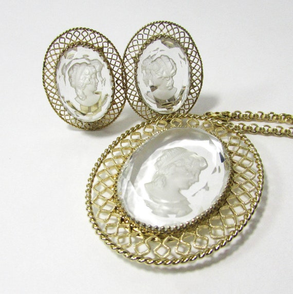 Vintage Whiting Davis Whiting Davis Intaglio Pendant Whiting Davis Necklace Whiting Davis Clip on Earrings Retro Jewelry Set Etsy