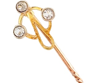 Antique 15ct Gold Stick Pin Edwardian Three Diamond Trefoil Lapel Cravat Pin