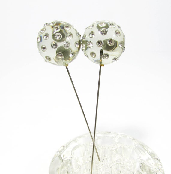 Lucite Rhinestone Ball Hat Pins - Vintage pair lu… - image 3