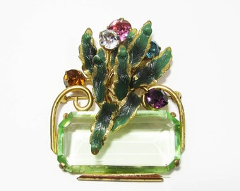 Basket of Flowers Brooch Pin Vintage Green Glass Pin 2 1/4"