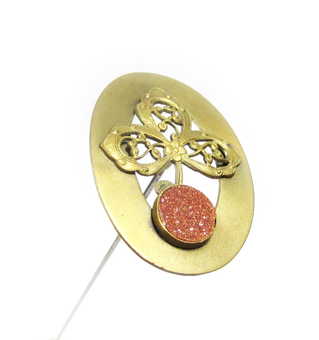Ancienne épingle à Chapeau (hatpin) Grand Dôme Avec Strass Et Fleurs En Laiton