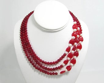 Vintage Red Glass Bead & Heart Necklace with faux pearls - 16.5" three strand - Valentine Day