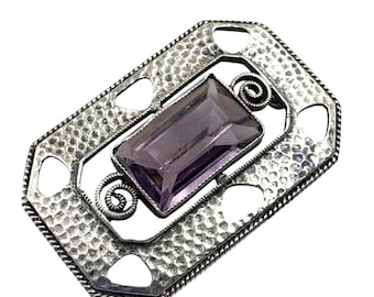 Antique English Amethyst Glass Brooch, Silver Plate Openwork, Early 1900s