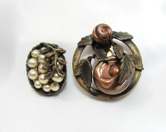 Art Deco Dress Clips - Brass with small pearls and celluloid roses